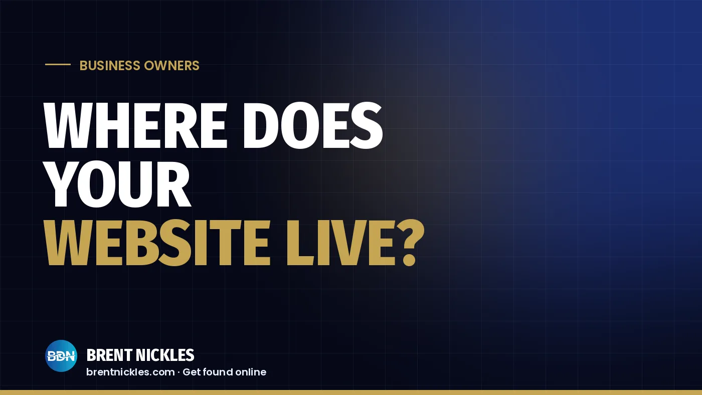Navy title card with the words "Where Does Your Website Live?", "Website Live?" in gold, and the Brent Nickles BDN logo