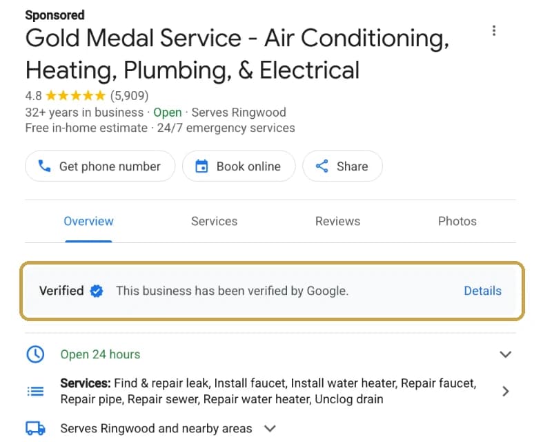 A Local Services Ad profile for a plumbing company with a gold box around the Verified badge, which reads: This business has been verified by Google