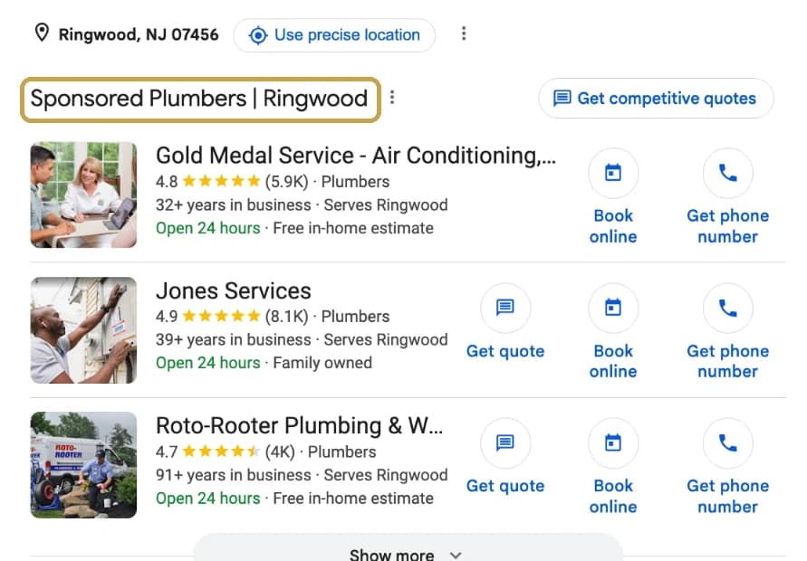 Google search results for plumber near me showing a Sponsored Plumbers section with three Local Services Ads, each with a star rating, review count, years in business and buttons to book online, get a quote or get the phone number