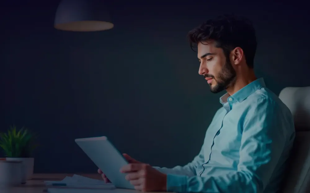 A dentist reviewing practice plans on a tablet at a desk