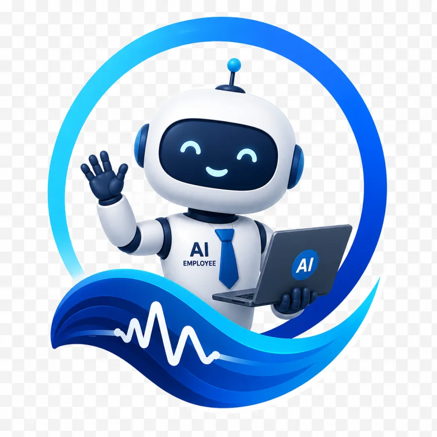 AI Employee mascot — a friendly robot with a laptop
