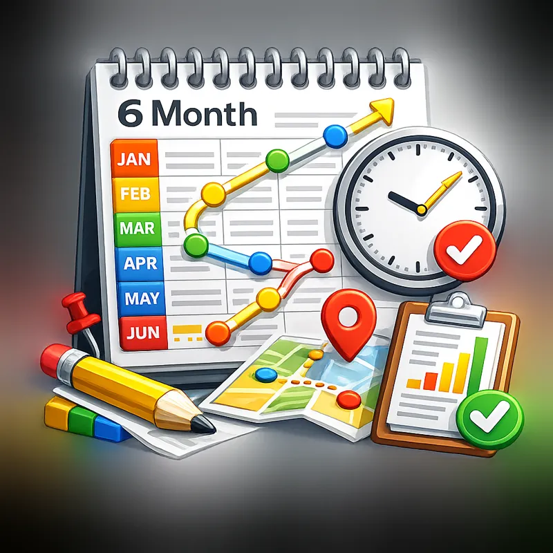 Illustration of a six-month planner, clock, map and checklist